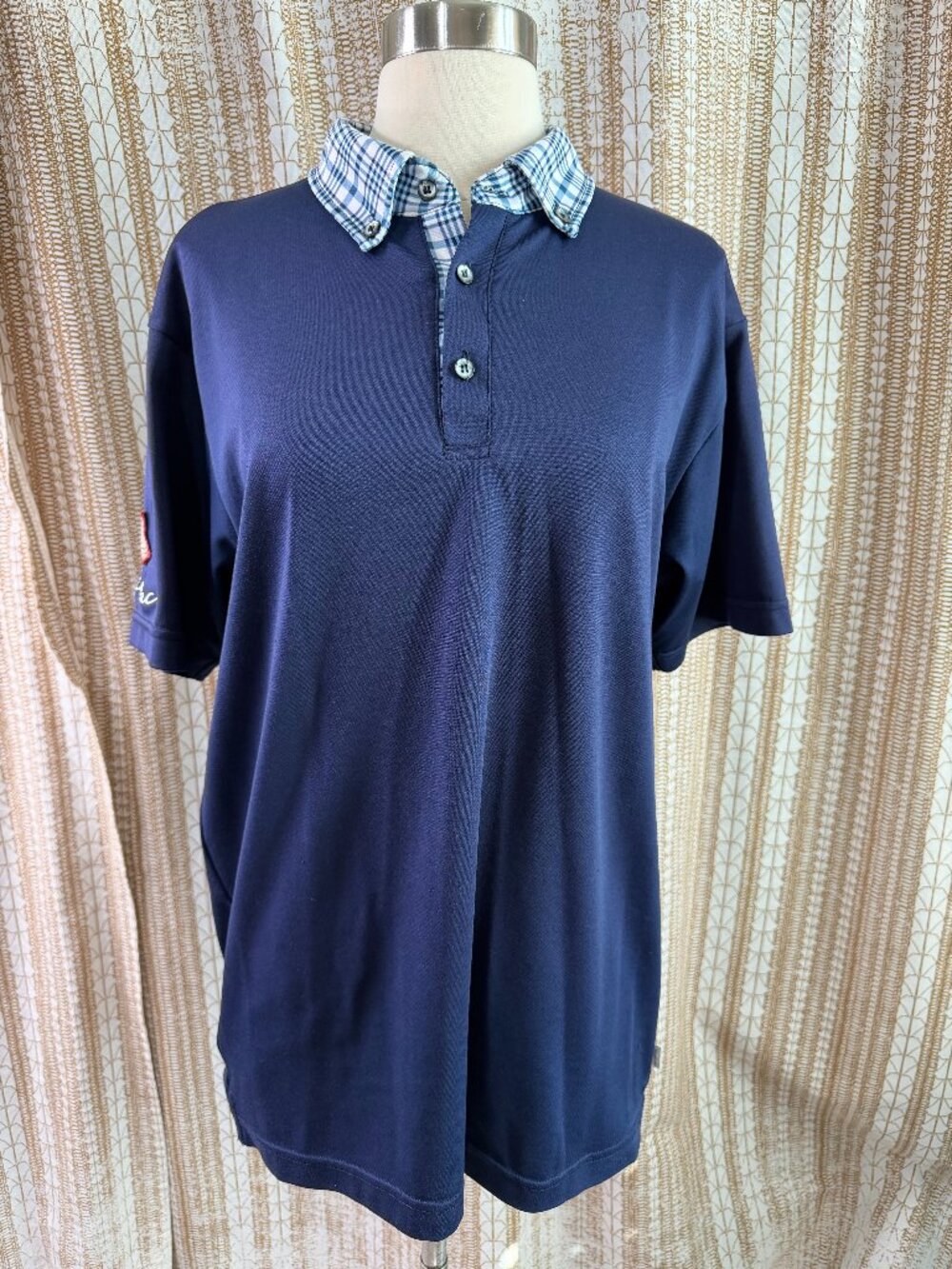 iliac Golf Men’s Medium Navy Blue Polo Plaid Collar Embroidered Logo USA Made